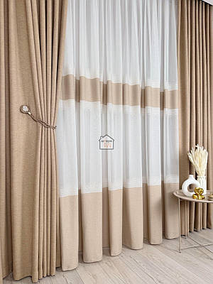 Тканина для тюлю «бамбук зі смугами й бордюром» лт61 Бежевий
