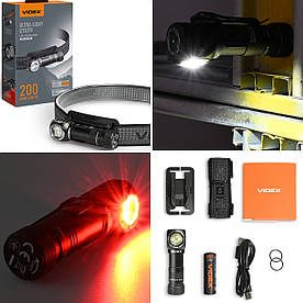 Налобний ліхтарик VIDEX VLF-A056H 200 лм, USB-C (в акумуляторі), 6 режимів (Червоне світло/SOS), Акумулятор 2200mAh (AA), IP68