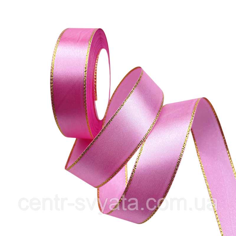 Стрічка атласна 2,5 см (33 МЕТРИ) Рожева з золотим люрексом