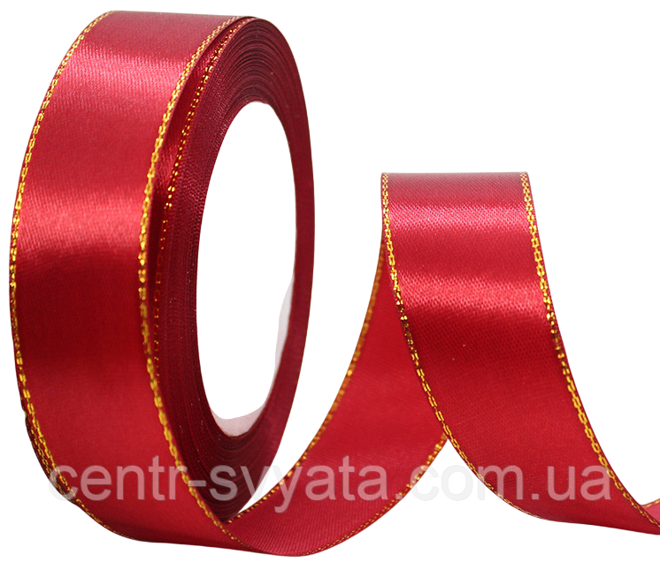 Стрічка атласна 2,5 см (33 МЕТРИ) Красная з золотим люрексом