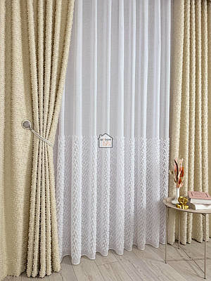 Тканина для тюлю льон «з вишитим низом крапкою» білий, лт64