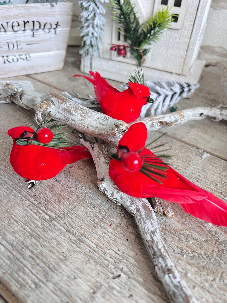 Пташечка червона з пухом новорічна 11 см 1шт, фото 1