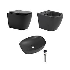 Комплект Qtap Robin Anthracite 3 в 1: підвісний унітаз Ultra Quiet + біде підвісне + раковина накладна QTROBAN49157