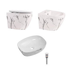 Комплект Qtap Robin Marble 3 в 1: підвісний унітаз Ultra Quiet + біде підвісне + раковина накладна QTROBMR49160