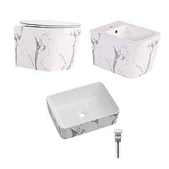 Комплект Qtap Tern Marble 3 в 1: підвісний унітаз Ultra Quiet + біде підвісне + раковина накладна QTTERMR49164