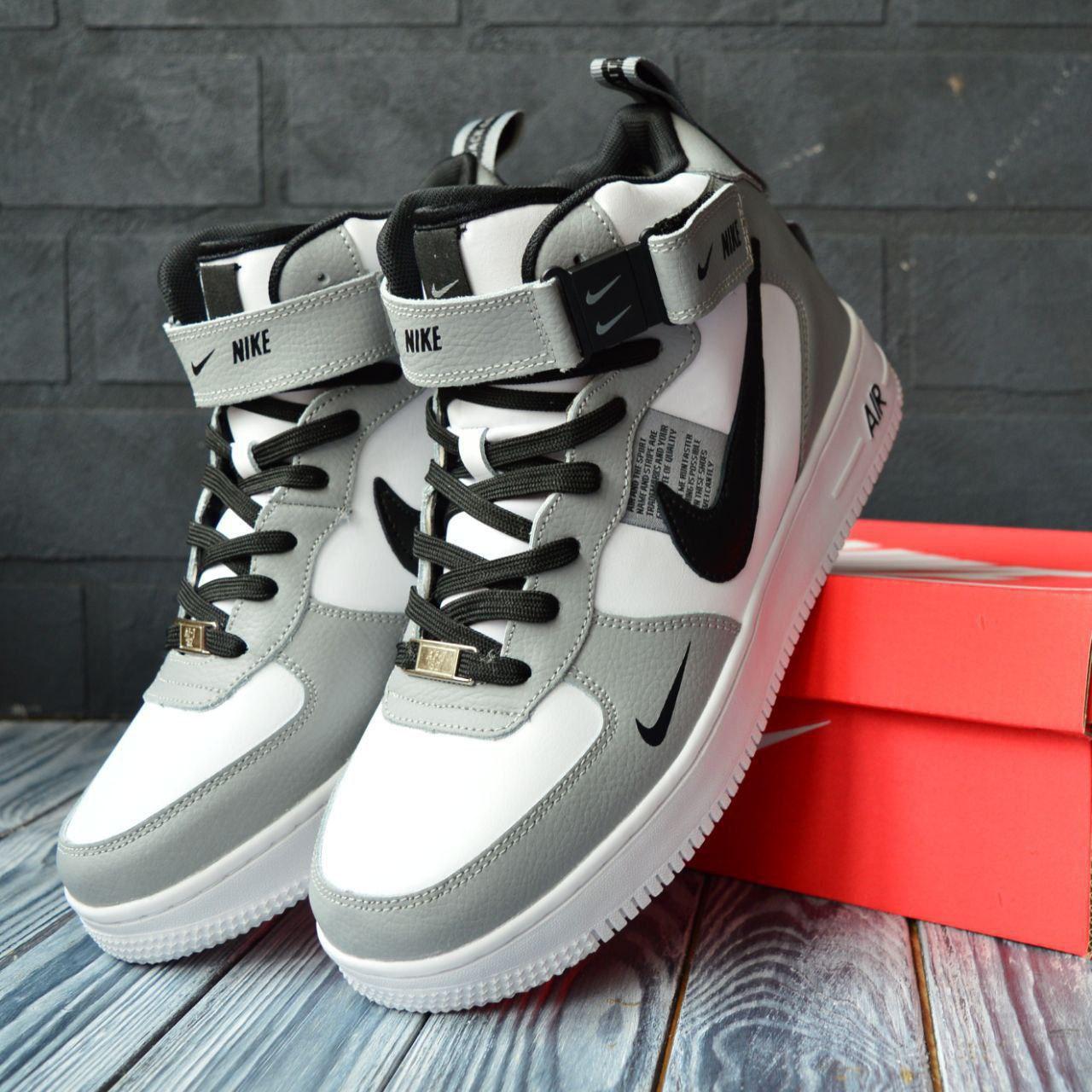 Чоловічі зимові кросівки Nike Air Force 1 LV8 High Gray White Winter Fur Найк Форс високі сірі білі шкіра хутро