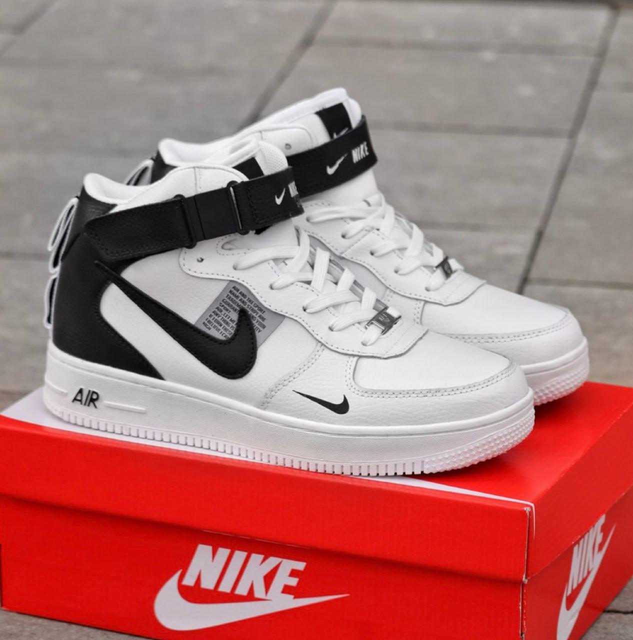 Чоловічі зимові кросівки Nike Air Force 1 LV8 High White black Winter Fur Найк Форс ЛВ8 білі чорні високі шкіра хутро