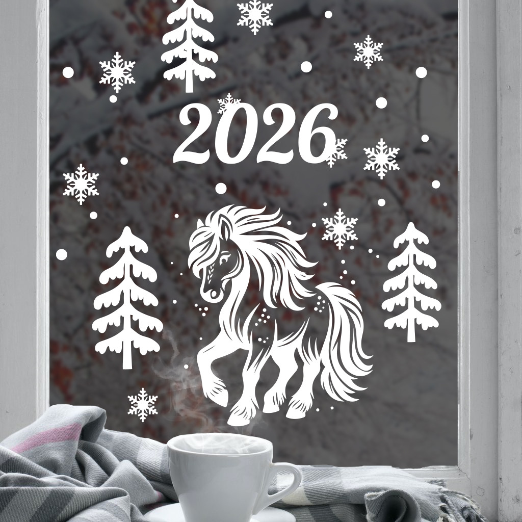 Кінь Символ 2026 року, новорічна вінілова наклейка на вікно та стіну, фото 1
