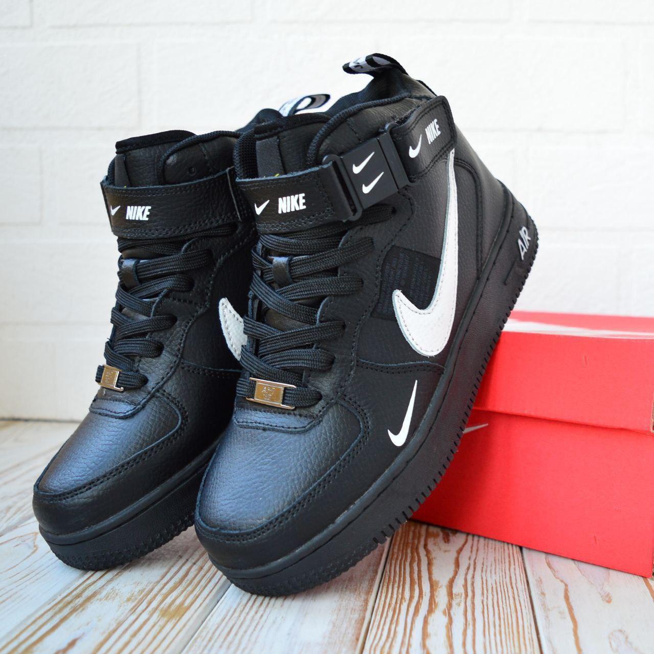 Зимові кросівки Nike Air Force 1 LV8 High Black Winter Fur Найк Форс ЛВ8 чорні високі шкіра хутро чоловічі