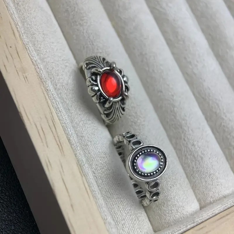 Набір 2 шт каблучок ретро з червоним та небесним фіанітом регульований 14-17 сріблясті OrnatusDivinus827, фото 1