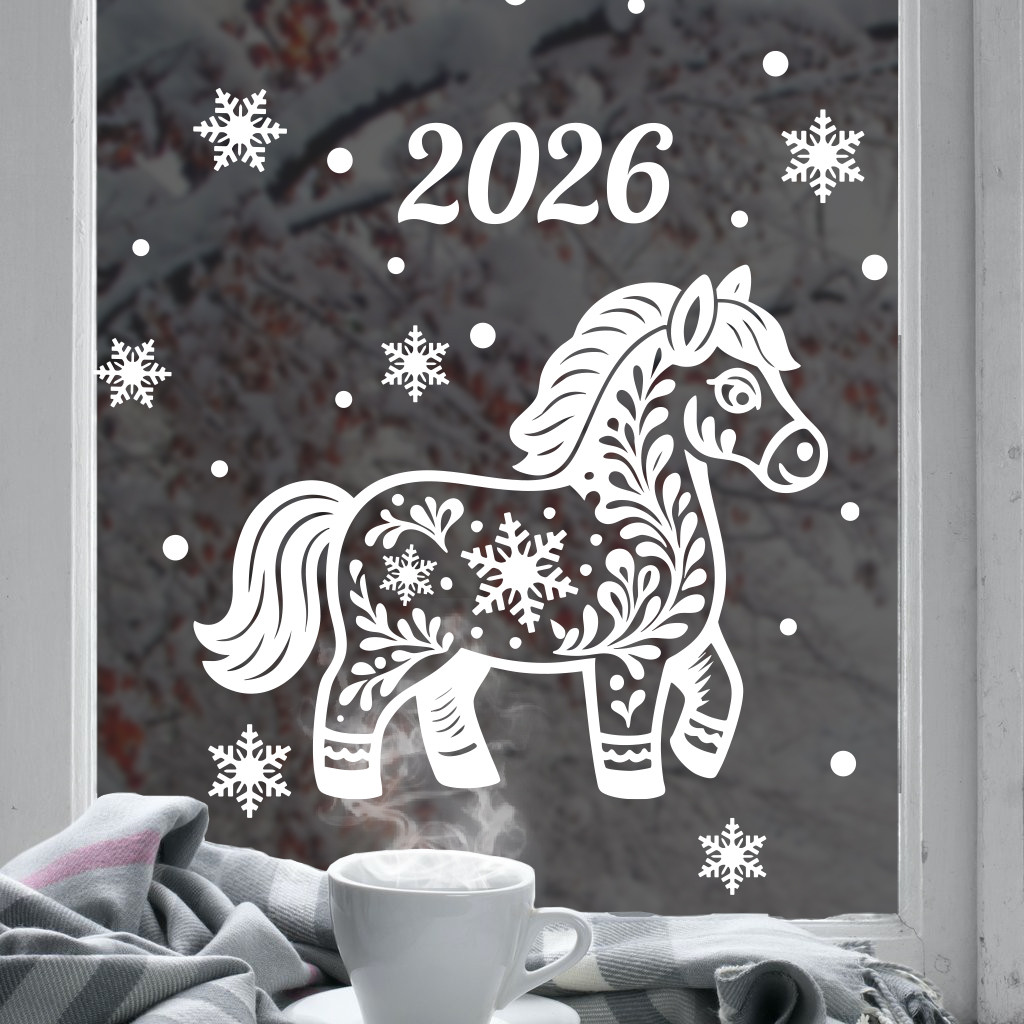 Милий коник, символ 2026 року, новорічна вінілова наклейка на вікно та стіну, фото 1
