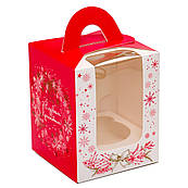 Упаковка для кексів з віконцем (на 1шт) з ручкою Новорічний віночок червоний