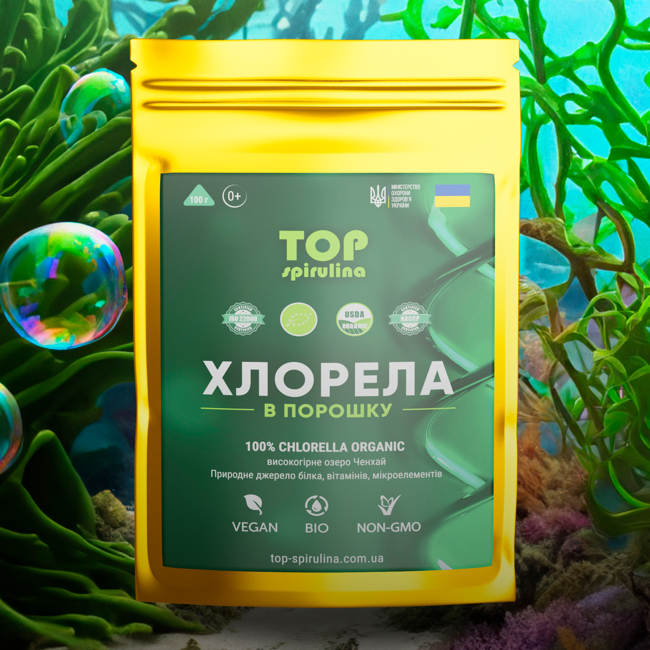 Органічна ТОП Хлорела порошок 100 г, озеро Ченхай