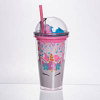 Пластиковий стакан з трубочкою і кришкою 400 мл багаторазовий Рожевий HP-18-1P
