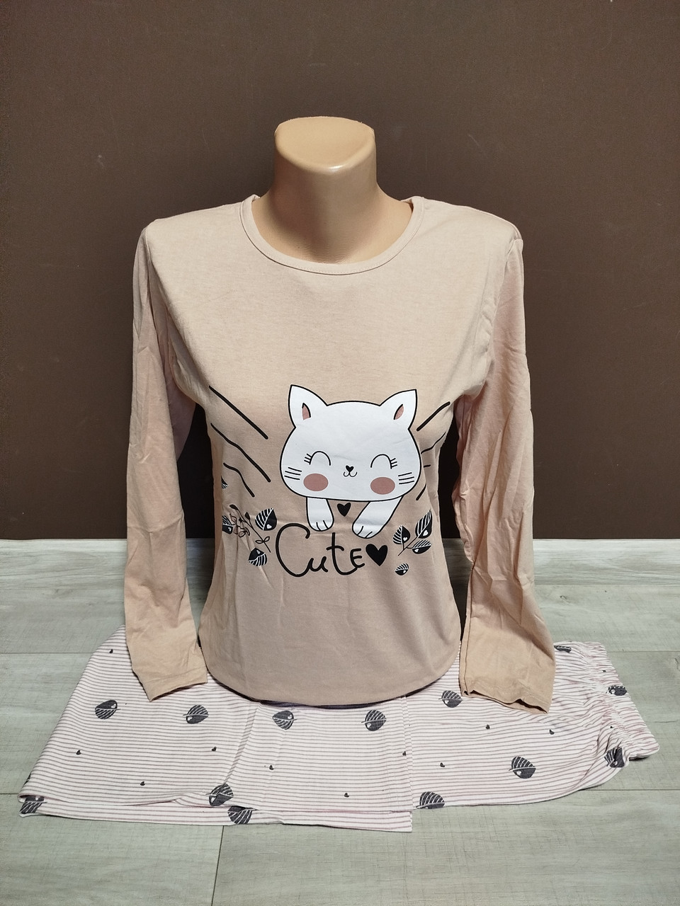 Підліткова піжама для дівчини КотикТуреччина на 12-18 років розміри 100% бавовна двійка кофта довгий рукав та штани беж кава, фото 1