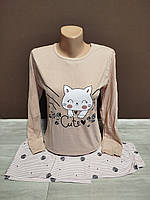 Підліткова піжама для дівчини КотикТуреччина на 12-18 років розміри 100% бавовна двійка кофта довгий рукав та штани беж кава