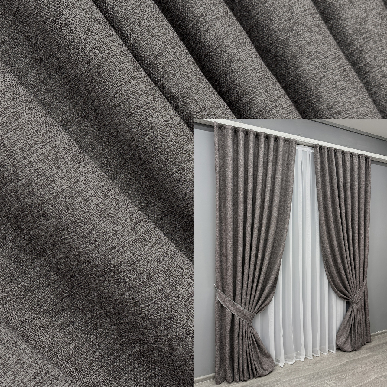 Комплект штор (2шт. 1,5х2,9м.) льон фактурний об’ємний преміум, колекція “ELEMENTA”. Колір сірий. Код 1868ш 33-0856, фото 1