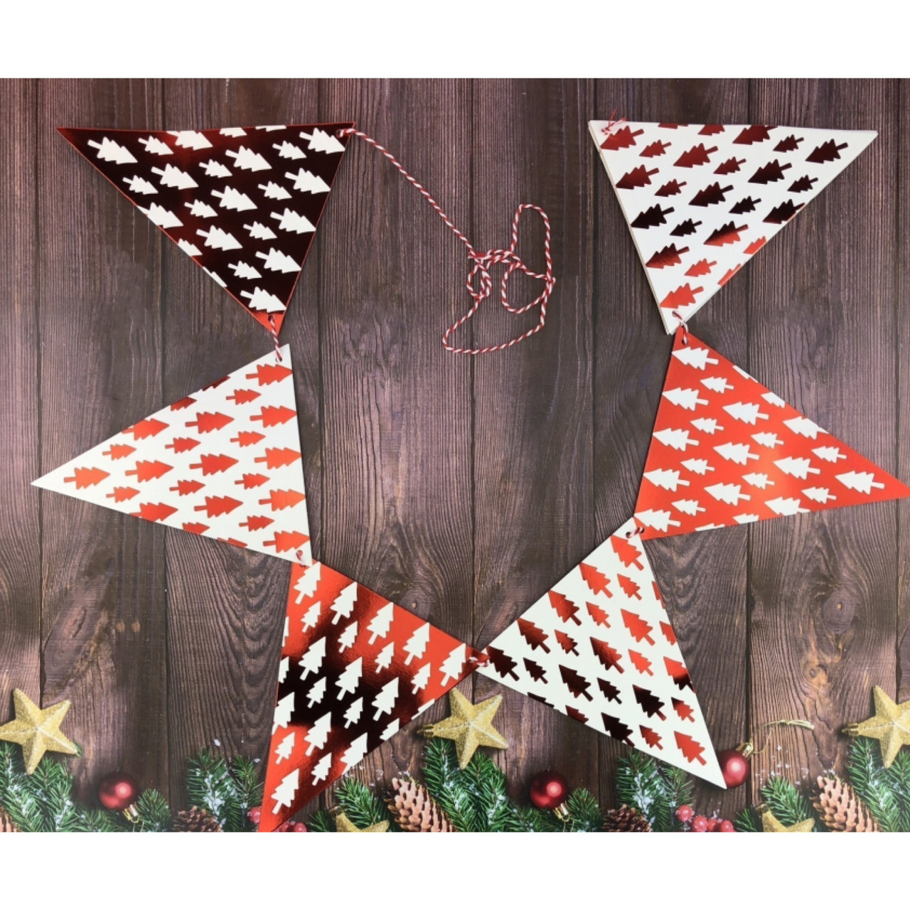 Гірлянда - розтяжка новорічна Дзеркальні трикутники білі та червоні Ялиночки, 2,3 м, фото 1