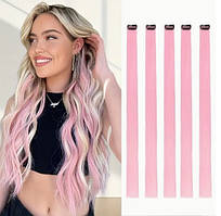 Накладні пасма на шпильках-кліпсах для волосся 55,8 см 5 шт ніжно-рожеві