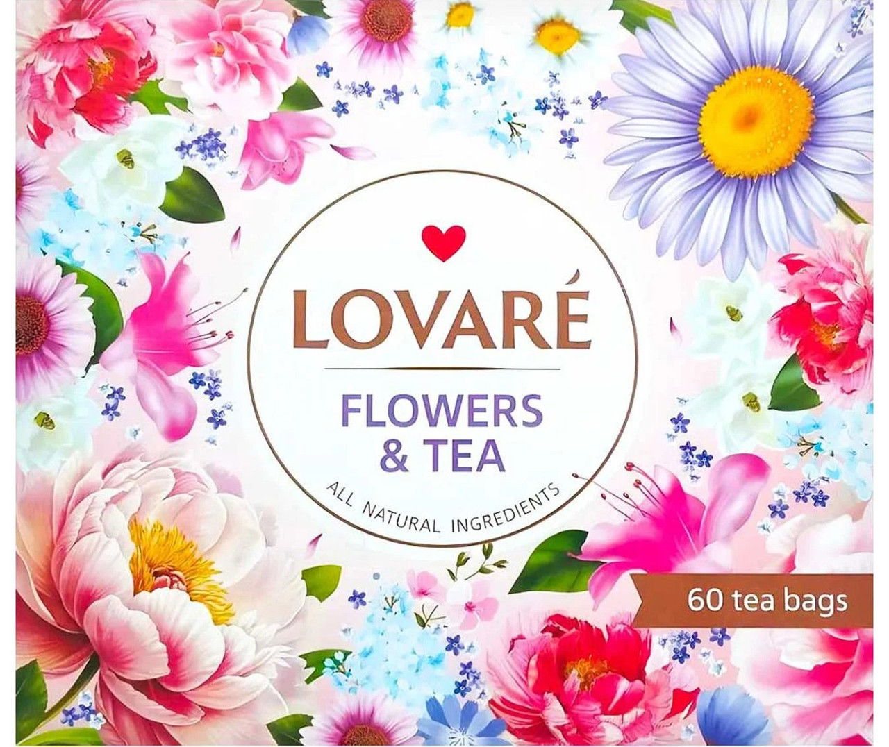Чай в пакетиках LOVARE Flowers & Tea 60 пакетиків ×2г (12 видів по 5шт), колекційний набір чаїв асорті 120г