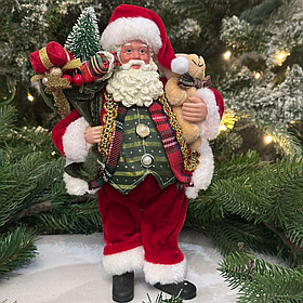 Новорічна декоративна мягка іграшка под ялинку  Санта з ведмедиком 28см, колір - червоний із зеленим