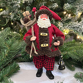 Новорічна декоративна мягка іграшка под ялинку  Санта з ліхтариком 28см, колір - червоний з коричневим