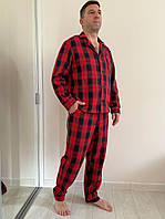 Пижамный комплект "Глен" COSY из фланели (брюки+рубашка) клетка красно-синяя