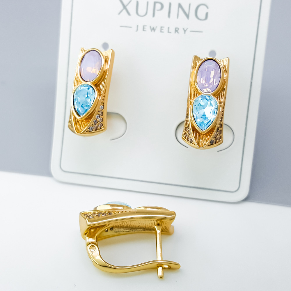 Сережки Акварель з блакитним Swarowski; англ.замок; медичне золото Xuping 18К, фото 1