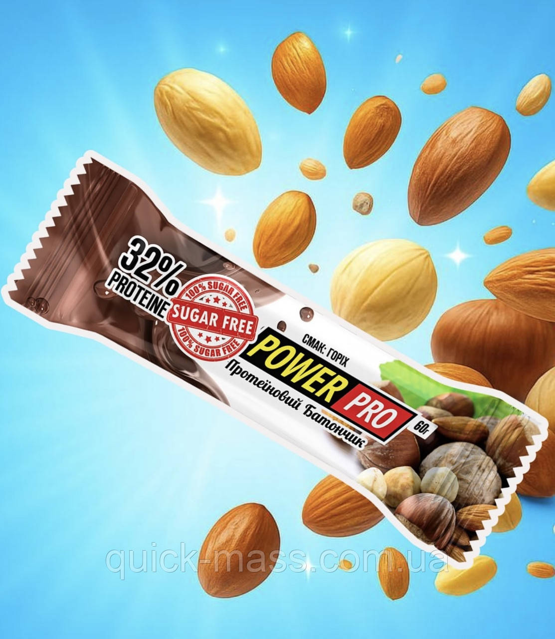 Протеїновий батончик Power Pro 32% Bar 60g (горіх БЕЗ ЦУКРУ), фото 1