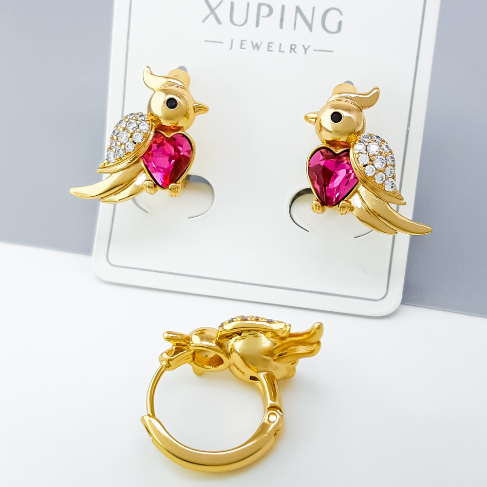 Сережки Пташечка з малиновим Swarovski; медичне золото Xuping 18К, фото 1