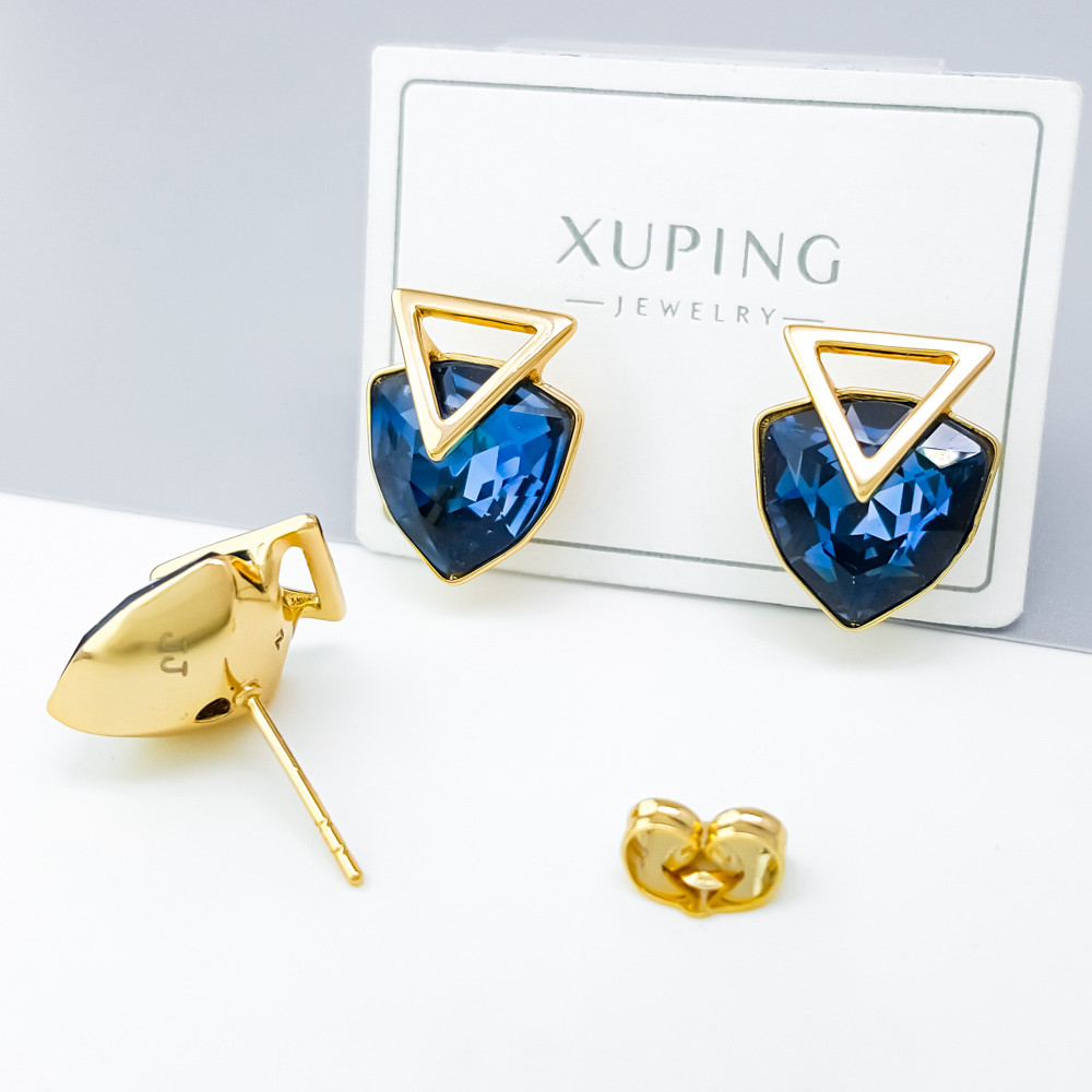 Сережки цвяшки Триліант з темно-синім Swarovski; медичне золото Xuping 18К, фото 1