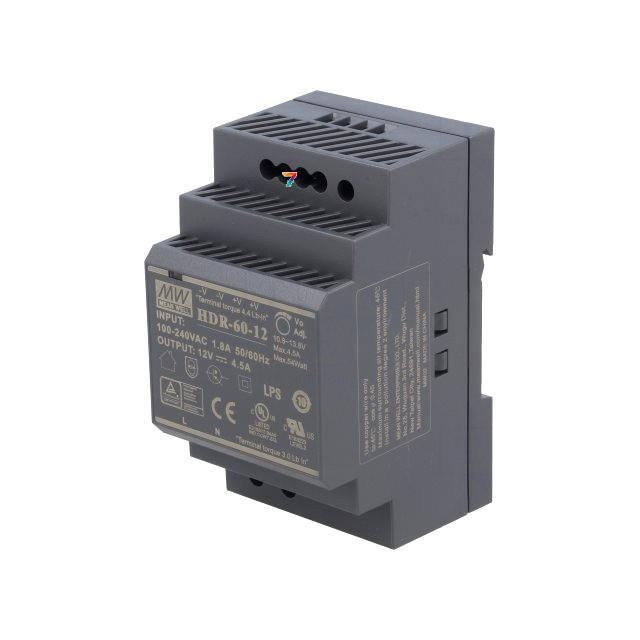 HDR-60-12 AC/DC, 54W, Вхід: 85-264VAC/120-370VDC, Вихід: 12V/4.5А, DIN-rail, розміри 52.5х90х54.5 мм, -30...+70 С, фото 1