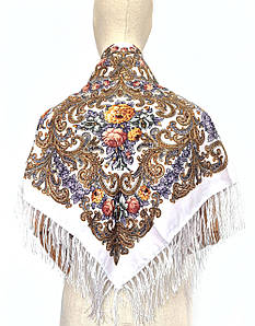 Хустка українська народна із квітами з бахромою Марина коричнева