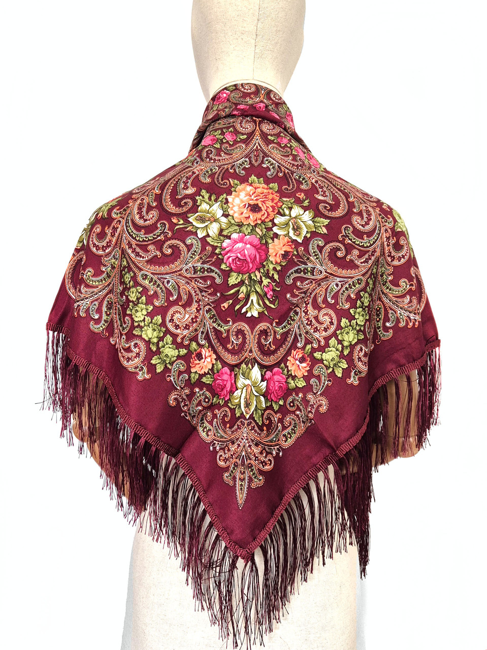 Хустка народна із квітами з бахромою Марина марсала, фото 1