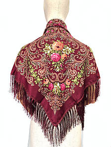 Хустка народна із квітами з бахромою Марина марсала