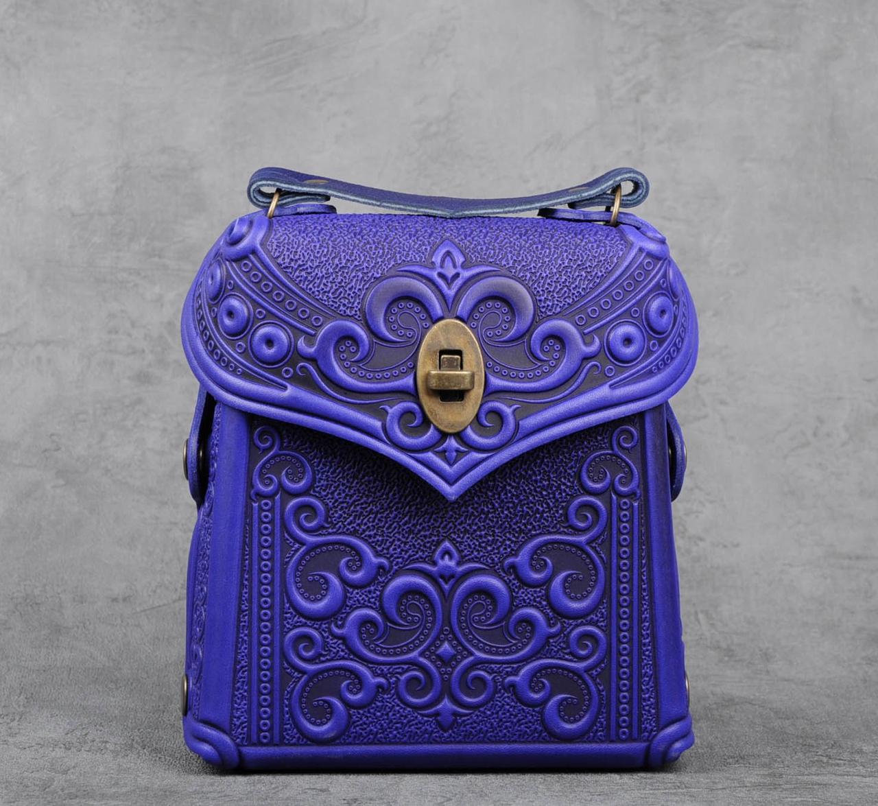 Шкіряний міні рюкзак-трансформер "Венеція" ультрамаринового кольору, 17х19х7 см, фото 1