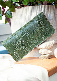 Гаманець жіночий шкіряний оливковий з жовтим з тисненням Соняхи