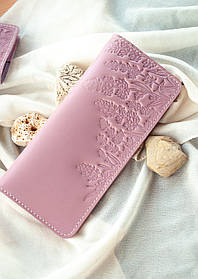 Шкіряний гаманець довгий чайна троянда з тисненням Лаванда | Сірий гаманець з тисненням, жіночий гаманець ручної роботи