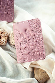 Обкладинка для ID паспорта жіноча шкіряна чайна троянда з лавандою. Обкладинка на права жіноча