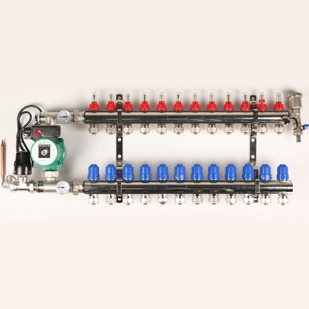 Колектор Gross 8504 1" - 3/4" на 12 виходів та пряма змішувальна група з насосом, фото 1