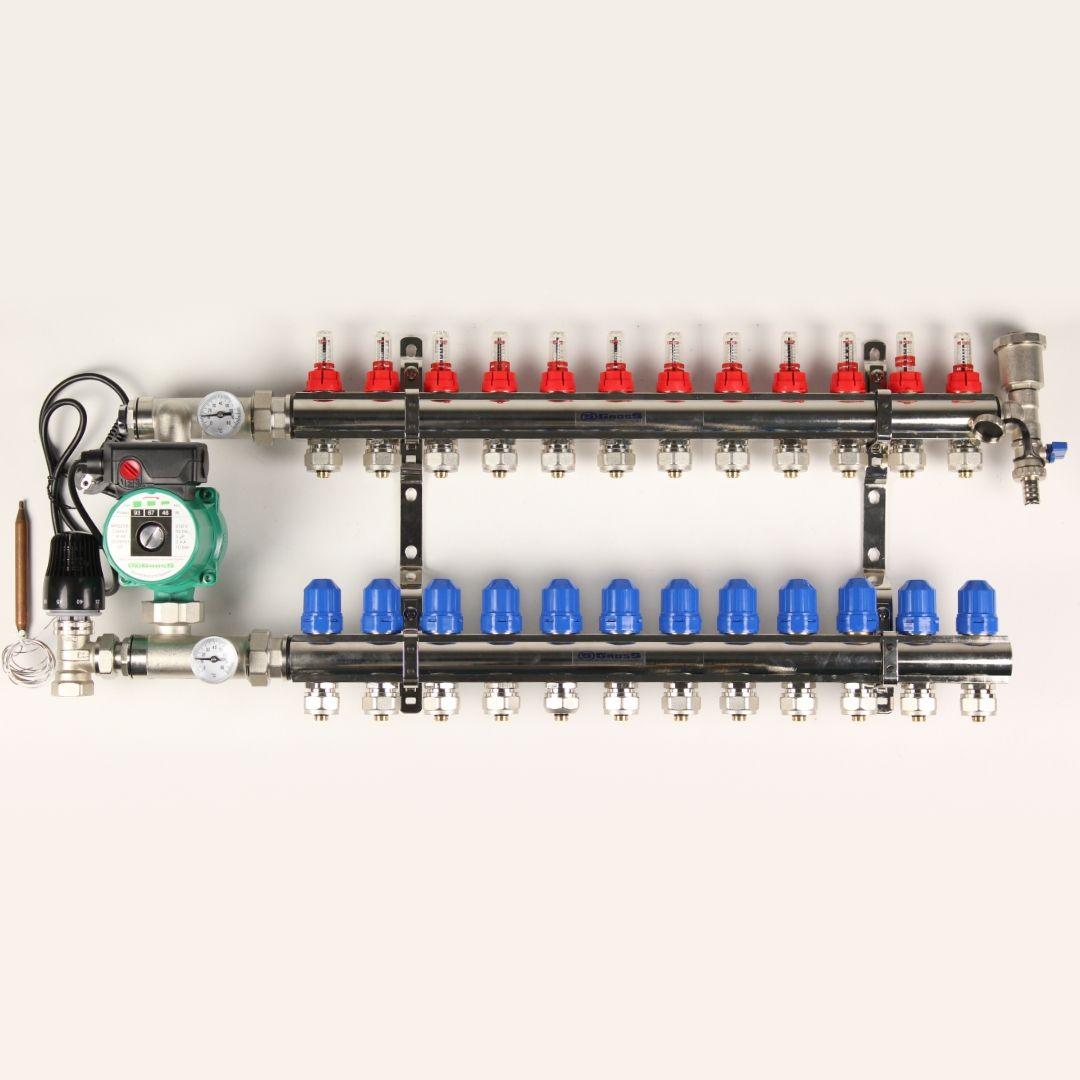 Колектор Gross 8504 1" - 3/4" на 12 виходів та кутова змішувальна група з насосом, фото 1