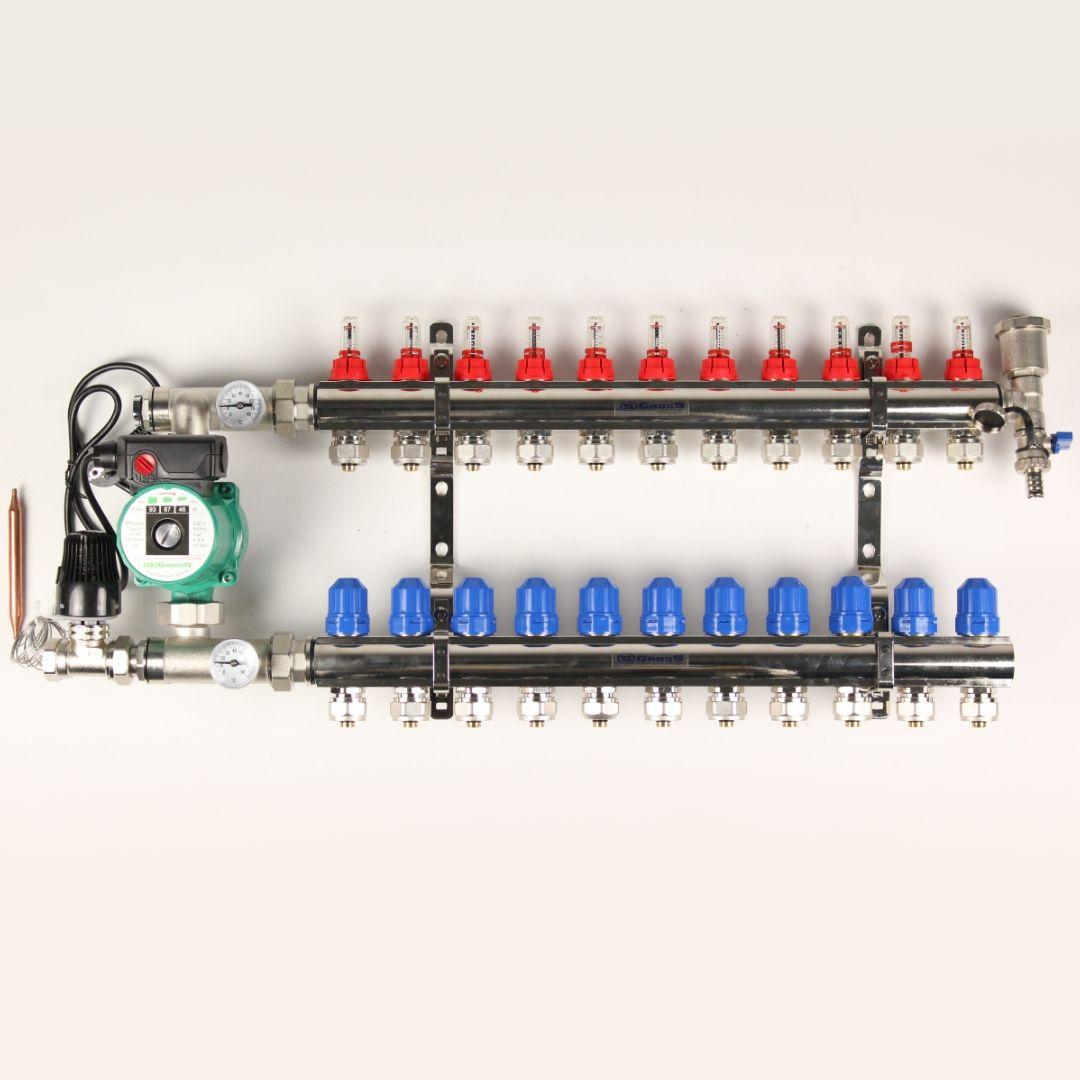 Колектор Gross 8504 1" - 3/4" на 11 виходів та пряма змішувальна група з насосом, фото 1