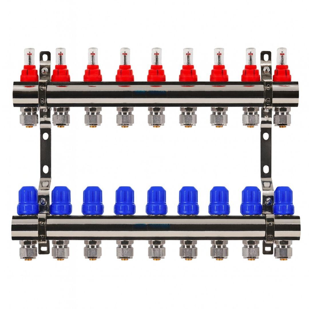 Колектор Gross 8504 1" - 3/4" на 9 виходів в зборі для теплої підлоги, фото 1