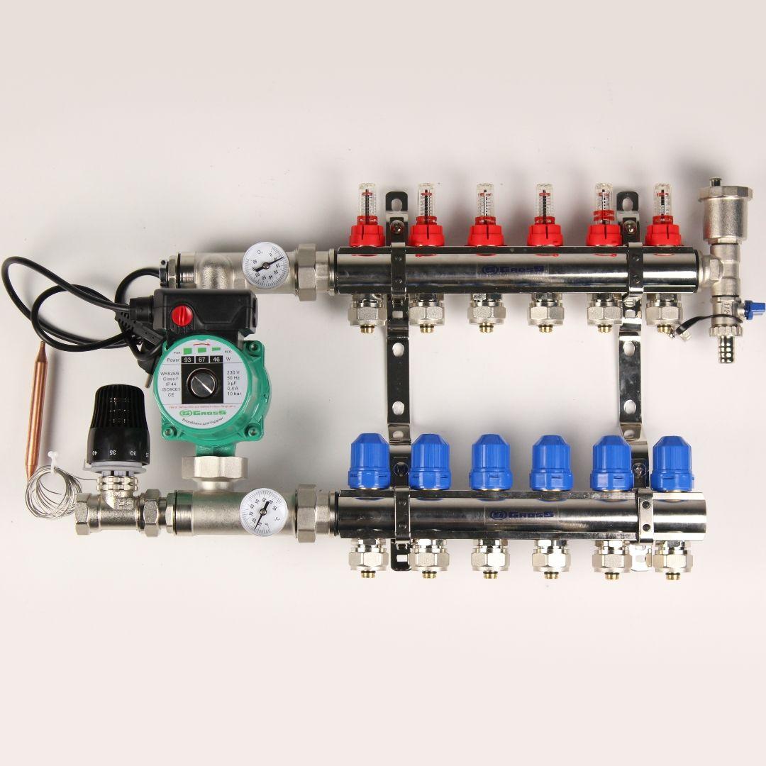 Колектор Gross 8504 1" - 3/4" на 6 виходів та пряма змішувальна група з насосом, фото 1