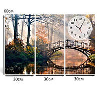 Модульна картина «Осінній міст у лісі» Настінний безшумний годинник Декор в інтер'єр Друк на полотні 90х60 см з 3х частин, фото 5