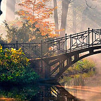 Модульна картина «Осінній міст у лісі» Настінний безшумний годинник Декор в інтер'єр Друк на полотні 90х60 см з 3х частин, фото 4