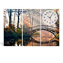 Модульна картина «Осінній міст у лісі» Настінний безшумний годинник Декор в інтер'єр Друк на полотні 90х60 см з 3х частин, фото 2