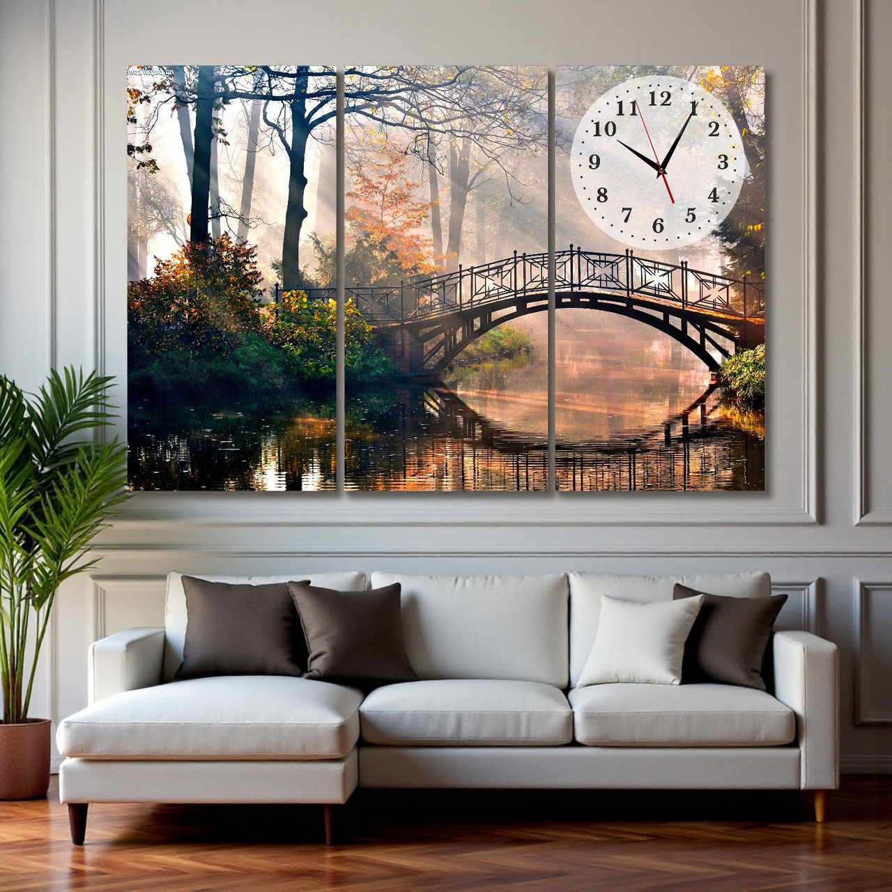 Модульна картина «Осінній міст у лісі» Настінний безшумний годинник Декор в інтер'єр Друк на полотні 90х60 см з 3х частин, фото 1
