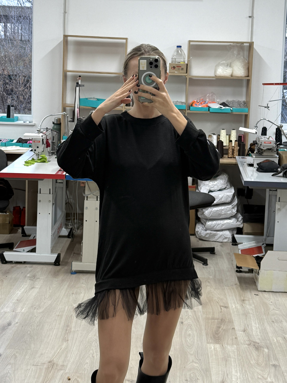 Тепла туніка-сукня з шифоновим низом, фото 1