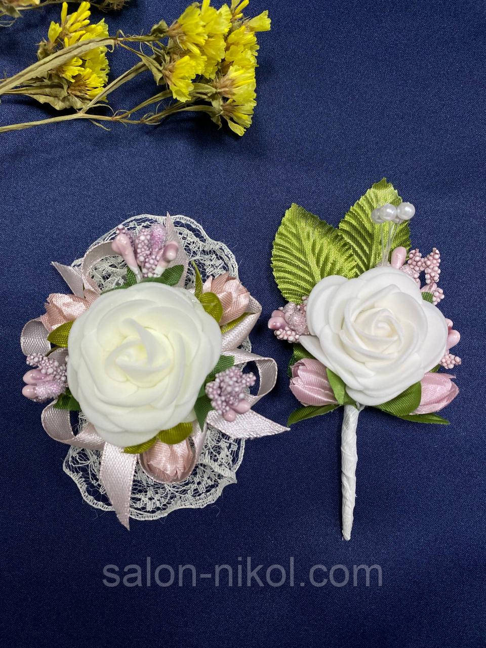 Весільний набір для свідків в пудровому кольорі (бутоньєрка+браслет), фото 1